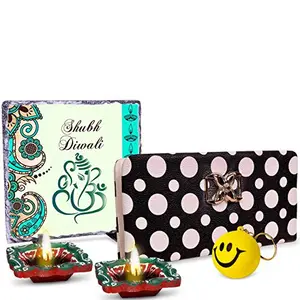 Alwaysgift May You Be Blessed with Success Shubh Diwali 2 Diyas, Ladies Wallet, Smiley Keychain, & Rock Tile Frame Gift Set