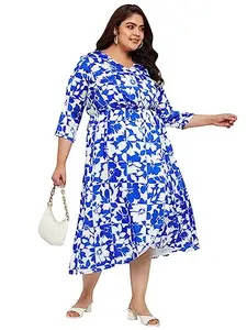 wild U Women Plus Size Stylish Western Printed Wrap Long Sleeve Midi Dress (Blue White, Size : 5XL)