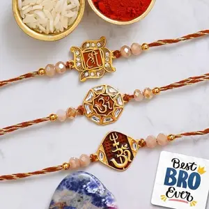 eCraftIndia Set of 3 Shri, Om, and Om Trishul with Damru Religious Designer Rakhis, Best Bro Ever Fridge Magnet with Roli Chawal Pack - Rakhis for Brothers