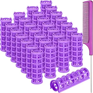 Syhood 28 Pieces Snap on Hair Roller, 0.6 Inch/ 1.5 cm Small Size Plastic Hair Rollers Hair Curlers with Steel Pintail Comb Rat Tail Comb for Short Hair Long Hair Hairdressing Styling Tools (Purple)