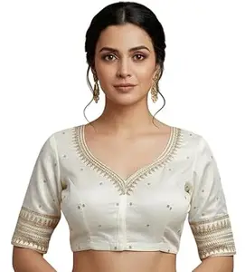 Women's Silk Embroidered Half Sleeve Blouse Piece Work Readymade Blouse for Women | Any Occasion || Saree Blouse (Maroon, 38)