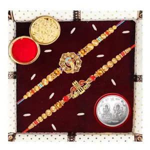 De Marquis Designer Rakhi (Pack of 2) | 1 Laxmi-Ganesh Coin | Roli-Chawal Pack With Greeting Card | Happy Rakshabandhan | Send Rakhi for Brother/Bhai/Bhaiya/Bhabhi/Kids | Rakhi Gift