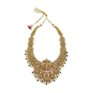 Kushal's Fashion Jewellery Ruby-Green Oxidised Gold Plated Ethnic 92.5 Pure Silver Temple Necklace - 422540
