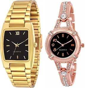 WANTON Gold and Rosegold Colour Diamond Studded and Trendy Square Metal Watch Combo for Couple-(PO2).(P_C_B_9071) (Golden & Pink)