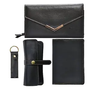 Vorak Ahimsa Ahimsa Leather Women's 4 Pcs Combo | Women's Vegan Leather Combo Wallet, Eyewear Case, Passport Cover & Keychain (Black)