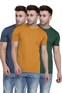 TQH Men Dri Fit Polyester Half Sleeve Round Neck Mustard Yellow, Grey, Green T-Shirts - Pack of 3