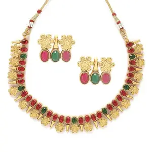 ZENEME Gold-Plated Red & Green Cubic Zirconia Studded Floral Theme Necklace With Earrings Jewellery Set For Girls and Women (Style_03)