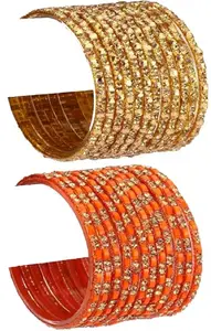 Somil Combo Of Designer Bridal Party & Wedding Colorful Glass Kada/Bangle Set, Pack Of 24, Golden & Orange