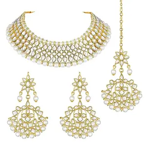 Peora Gold Plated White Pearl Kundan Choker Necklace with Earring Maang Tikka Traditional Jewellery Set for Women