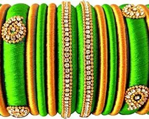 HARSHAS INDIA CRAFT Hand Craft Silk Thread Bangles Plastic Bangle With Gold Set For Women & Girls (Parrot Green) (Pack of 18) (Size-2/8)