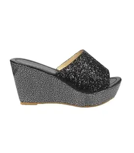 UUNDA Fashion Black& Silver Glitter Fashionable Design Wedge Heel Sandal (Size_39)