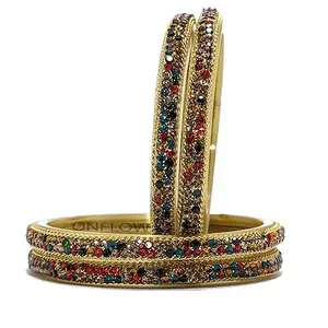 ONFLOW Glass with Zircon Gemstone Studded worked and Spread with Glitter Pattern Glossy Finished Kada Set For Women and Girls (4 Kangan) (Multi Color, 2.8 Inches)
