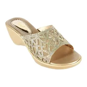 Stepee Gold Casual Fancy Wedding & Party Wear Open Toe Slip on Wedge Heel Mule Sandal for Women