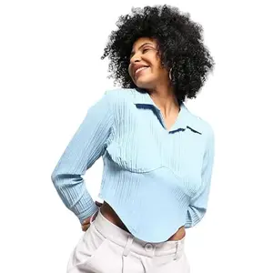 Campus Sutra Women's Powder Blue Striped Piping Top for Casual Wear | Spread Collar | Regular Sleeves | Pull On Closure | Top Crafted with Comfort Fit for Everyday Wear