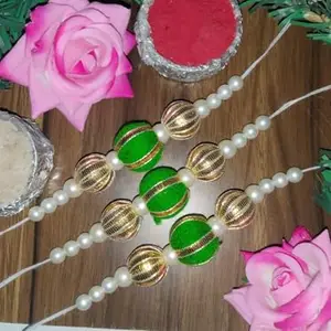 Handcrafted Pearl and Metallic Beaded Rakhi with Green Accents, Traditional Design, Set of 3