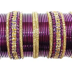 T4 Jewels Gold Plated Gorgeous Multi Colours Stones Studded with 18k Gold Plated Gemstones Glass Bangles Set for Women & Girls_Purple_2.6