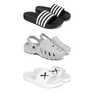 DRACKFOOT Lightweight,Classic Slider || Sandals with Clogs for Men-Combo(3)-3024-3135-3029-9 White