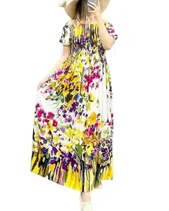 Cigain Women Fashion Off Shoulder Nighty Maxi Floral Printed Night Gown Rayon Fit and Flare Dress (in, Alpha, L, Yellow)