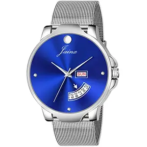 jainx Day and Date Feature Blue Dial Mesh Steel Chain Analog Watch for Men - JM7119