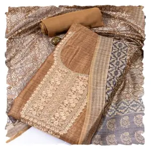 Meena Bazaar Women's Mustard Chanderi Unstitched Suit Set With Dupatta