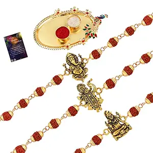 Rudraksh 3 Rakhi Combo Designer For Bhai With Roli Chawal And Greeting Card 1 Kankawati Pooja Thali -240