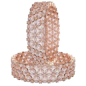 T4 Jewels Beautiful CZ Studded Rose Gold Plated Traditional White Heavy Kada AD Bangles Set For Women & Girls_2.2