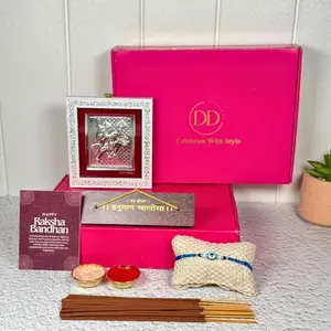 Dive Decor Rakhi Gift Hamper for Bhaiya - Hanuman Chalisa, Silver Hanuman Frame, Incense Stick, Roli Chawal, Card, Fridge Magnet, Evil Eye Rakhi