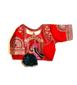 Women's Shining Silk Sequance Round Neck Short Sleeve Readymade Blouse (Red, Free Size)-PID57769