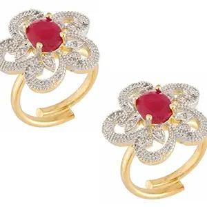 MANIKYA American Diamond Ring for Women A Beautiful AD Adjustable Gold plated Traditional and Modern Floral Design with Ruby Red stone (BNZA_FR_2)