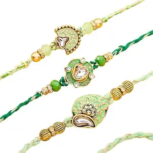 Floweraura Premium Handcrafted Graceful Set of 3 Green Meenakari Kundan Rakhi With Roli Packet For Raksha Bandhan Celebration - Rakhi For Brother, Bhai, Kids, Bhaiya, Cousins & Raksha Bandhan Gift