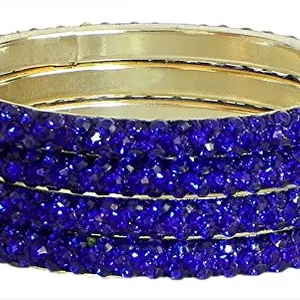 DollsofIndia Four Blue Stone Studded Bangles - Stone and Metal - Blue