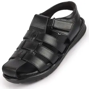 FAUSTO FST FOSMS-2065 BLACK-45 Men's Black Genuine Leather Multi Strap Closed Toe Roman Sandals (11 UK)