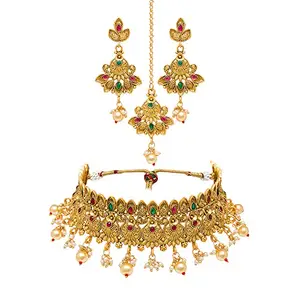 Azai By Nykaa Fashion Stylish Wedding Multi-Coloured Temple Jewellery Set With Maang Tikka Earring Choker Necklace For Women & Girls Suitable For All Occasions