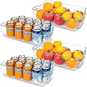 Snazzy Clear Fridge Storage Organizer Boxes - Pantry Organization Bins For Freezer, Kitchen Cabinet, Countertop, Cupboard BPA Free Refrigerator Organizer, 14.5" Long-X Large, With Handle (4 Pcs)