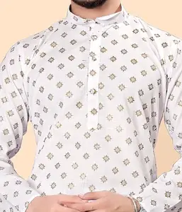Sanju Fashion Cotton Blend Digital Printed Full Sleeve Kurta for Men Design No 2FOIL_Print_White S