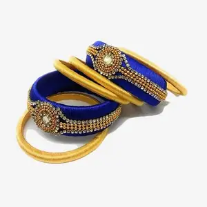 HARSHAS INDIA CRAFT Silk Thread Bangles With Kundan Stones Chuda Bangle Set For Womnes and girls (blue-gold-2) (Size-2/8)