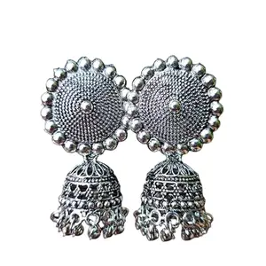 Traditional Oxidized Silver Jhumka Earrings, Antique Finish, Round Disc Design with Hanging Balls 7 cms