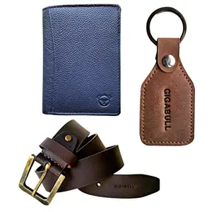 GIGABULL Men's Genuine Leather Wallet with Belt and Keychain Combo Blue
