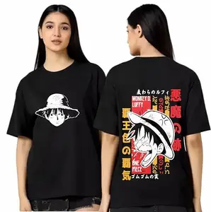 Uniplanet Store Cotton 3/4 Sleeve Women Oversized Black T-Shirt, Luffy Anime Girl Oversized Back Printed T Shirt M Size