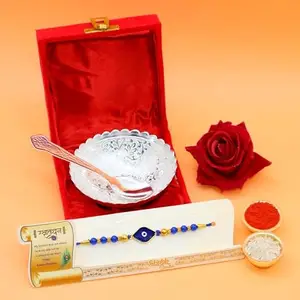 AC ANAND CRAFTS Premium Rakhi for Brother with Gift Silver Plated Bowl and Spoon Set with Red Velvet Box| Evil Eye Bhaiya Rakhi with Roli Chawal for Bro, Brother, Bhai