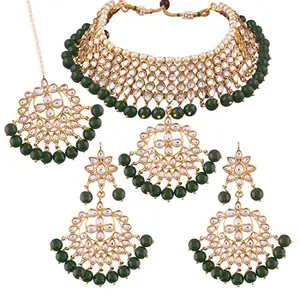 Amazon Brand - Anarva Women 18K Gold Plated Traditional Kundan & Pearl Studded Choker Necklace Jewellery Set With Earrings & Maang Tikka (K7058G)