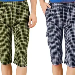 Malvina Men's Checked Printed Cotton Capri Pack of 2 (Assorted Mixed Colour)-(Large)