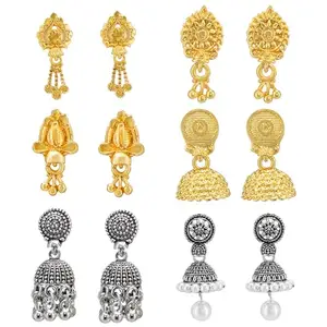 PRIVIU Earrings Set for Women Stylish Jhumka oxidised Silver and gold plated Earrings for women Combo chandbali jhumkas traditional Earrings For girls South Indian (Pack of 6)