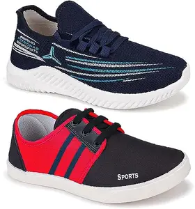 WORLD WEAR FOOTWEAR Soft, Comfortable and Breathable Canvas Lace-Ups Sports Running Shoes for Men (Black and Navy and Red, 7) (S6036)