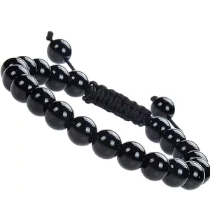 Lady Works Natural Black Tourmaline Threaded Bracelet 8mm Round Smooth Beads Black Tourmaline Adjustable Thread Bracelet. Unisex Macrame Yoga Bracelet.|LW_TDBR_0609