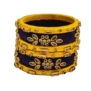 HABSA HABSA Hand Made Fancy Festival Silk Thread Fancy Festival Wear Kundan Stone Bangles Set of 6 Bangles NavyBlue-Gold (size-2/8)