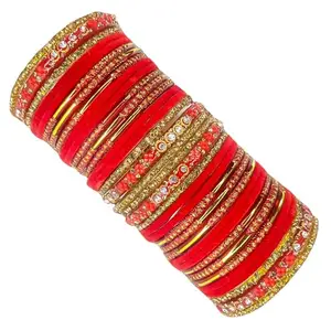 Long red velvet glass bangle with brass kangan set for girls and women (2.8)