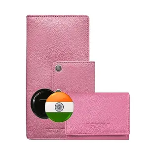 ABYS Genuine Leather Pink Long Women Wallet||Unisex Card Holder with Badge Combo Offer