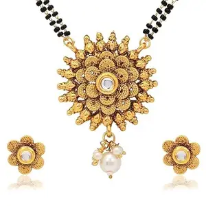 PARNA Traditional Maharashtrian Gold Plated Stylish Pendant Long Black Beads Double Chain Mangalsutra Set Earrings For Women