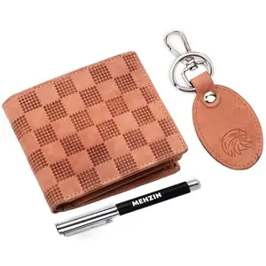 MEHZIN Men Formal Hunter Brown Genuine Leather RFID Wallet,Key Ring & Pen 3Pcs Combo Gift Set (8 Card Slots) Style-151